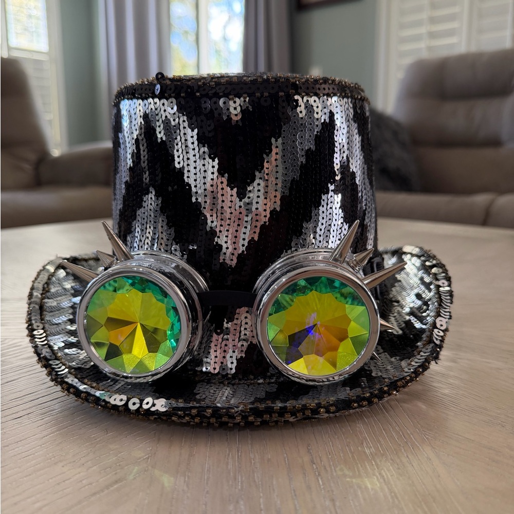 Black and Silver Sequin SteamPunk Hat with Iridescent removable Green Goggles